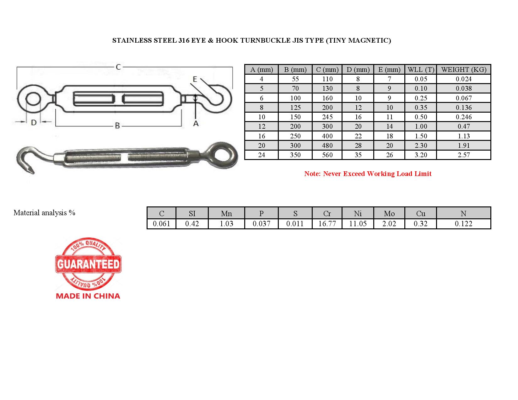 Stainless Steel TurnBuckle Hook/Eye G316